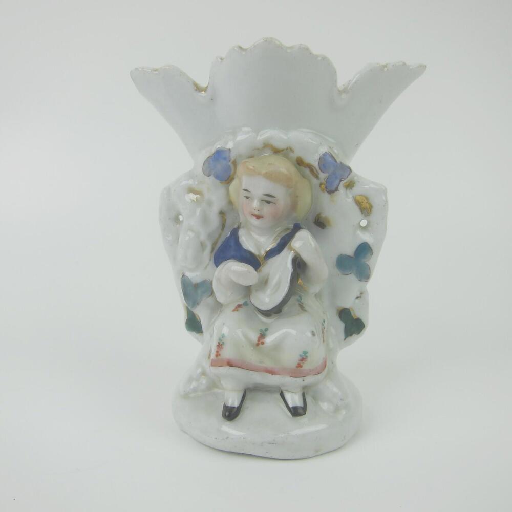 Antique German Porcelain Vase Figurine Regency Girl Plays Mandolin Flowers 4.75"